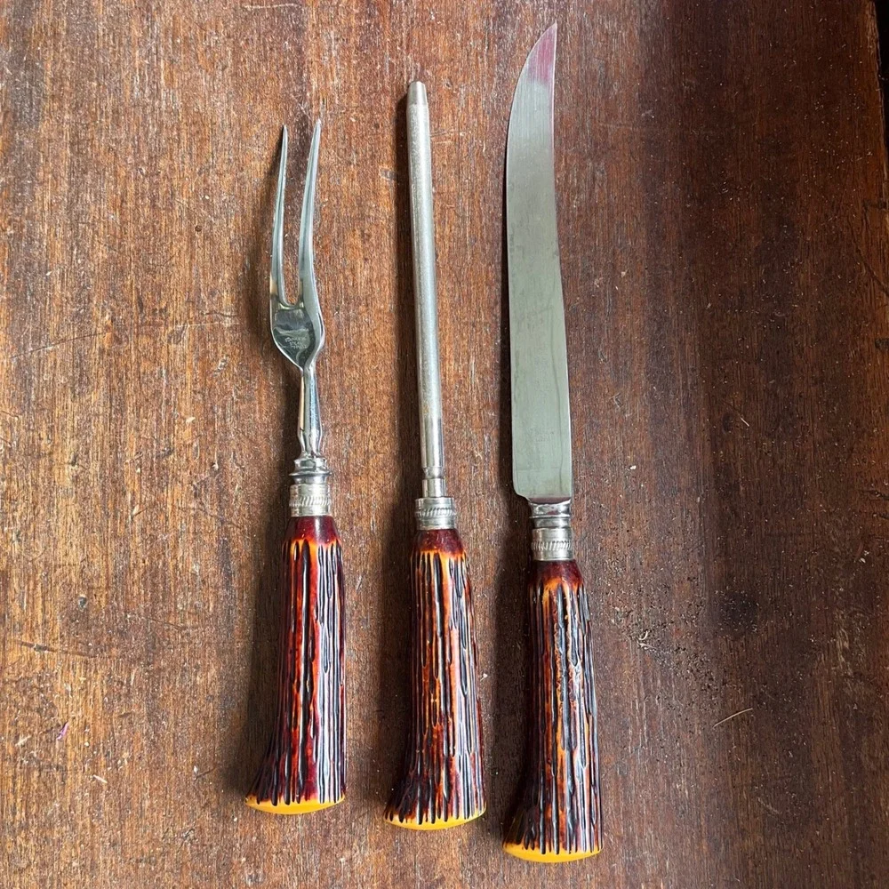 Vintage Washington Forge Sheffield England 3pc Carving Set Faux antler Handles